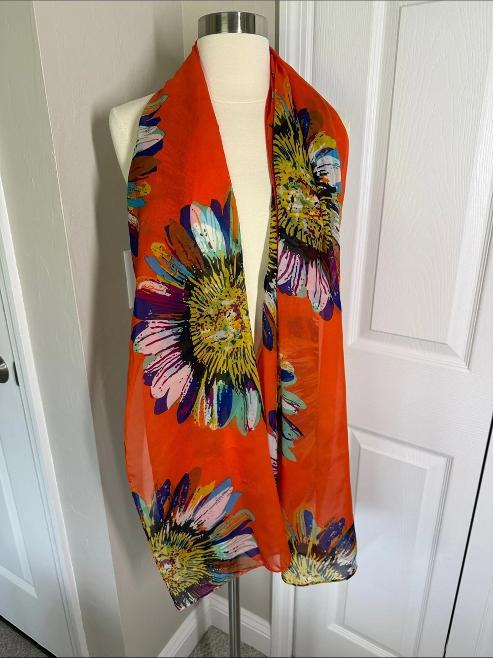 Colorful orange daisy print sheer scarf